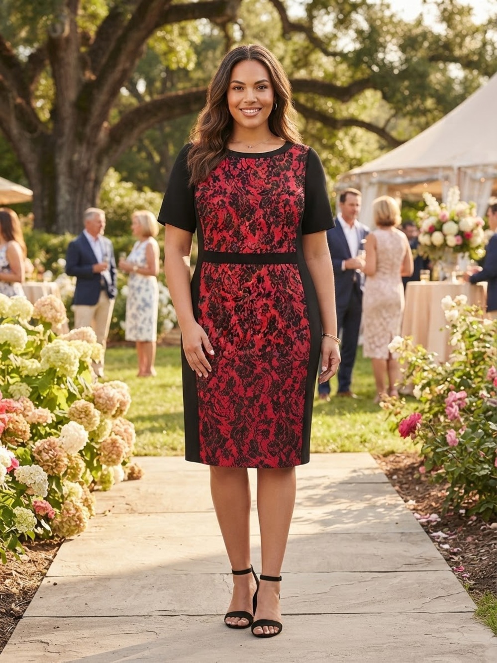 Basler Red and Black Lace-Print Sheath Midi Dress